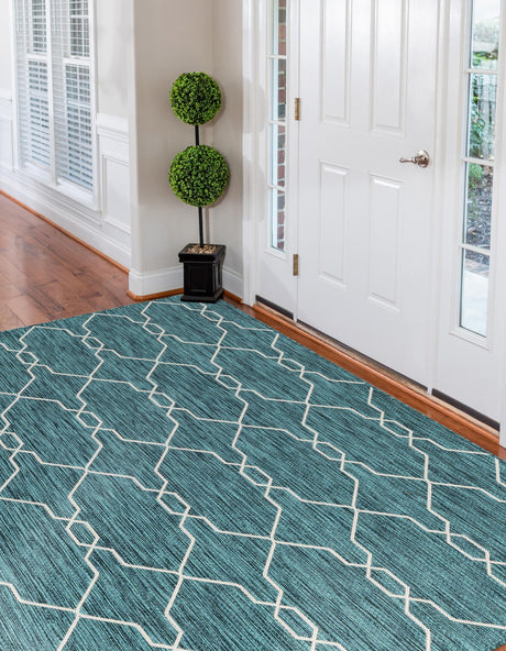 Teal 7' 10 x 11' Outdoor Trellis Rectangle Area Rug Weather Resistant for Patio, Deck, Terrace, Balcony, Porch Geometric Design Water Safe Outside Carpet for Sale at Rug Engine
