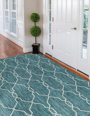 Teal 4' 1 x 6' 1 Outdoor Trellis Rectangle Area Rug Weather Resistant for Patio, Deck, Terrace, Balcony, Porch Geometric Design Water Safe Outside Carpet for Sale at Rug Engine