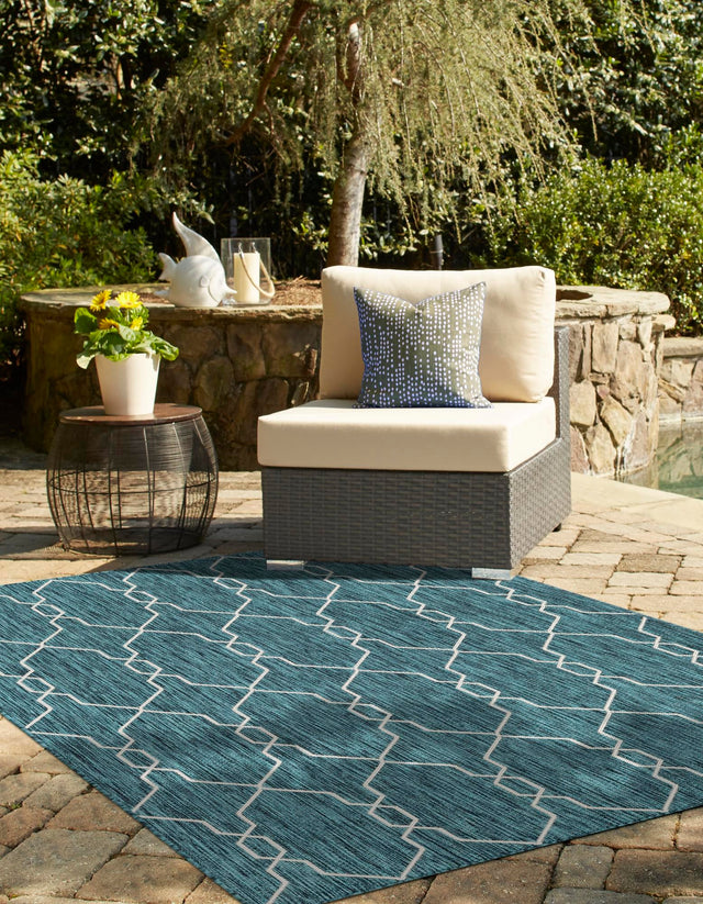 Teal 9' x 12' Outdoor Trellis Rectangle Area Rug Weather Resistant for Patio, Deck, Terrace, Balcony, Porch Geometric Design Water Safe Outside Carpet for Sale at Rug Engine