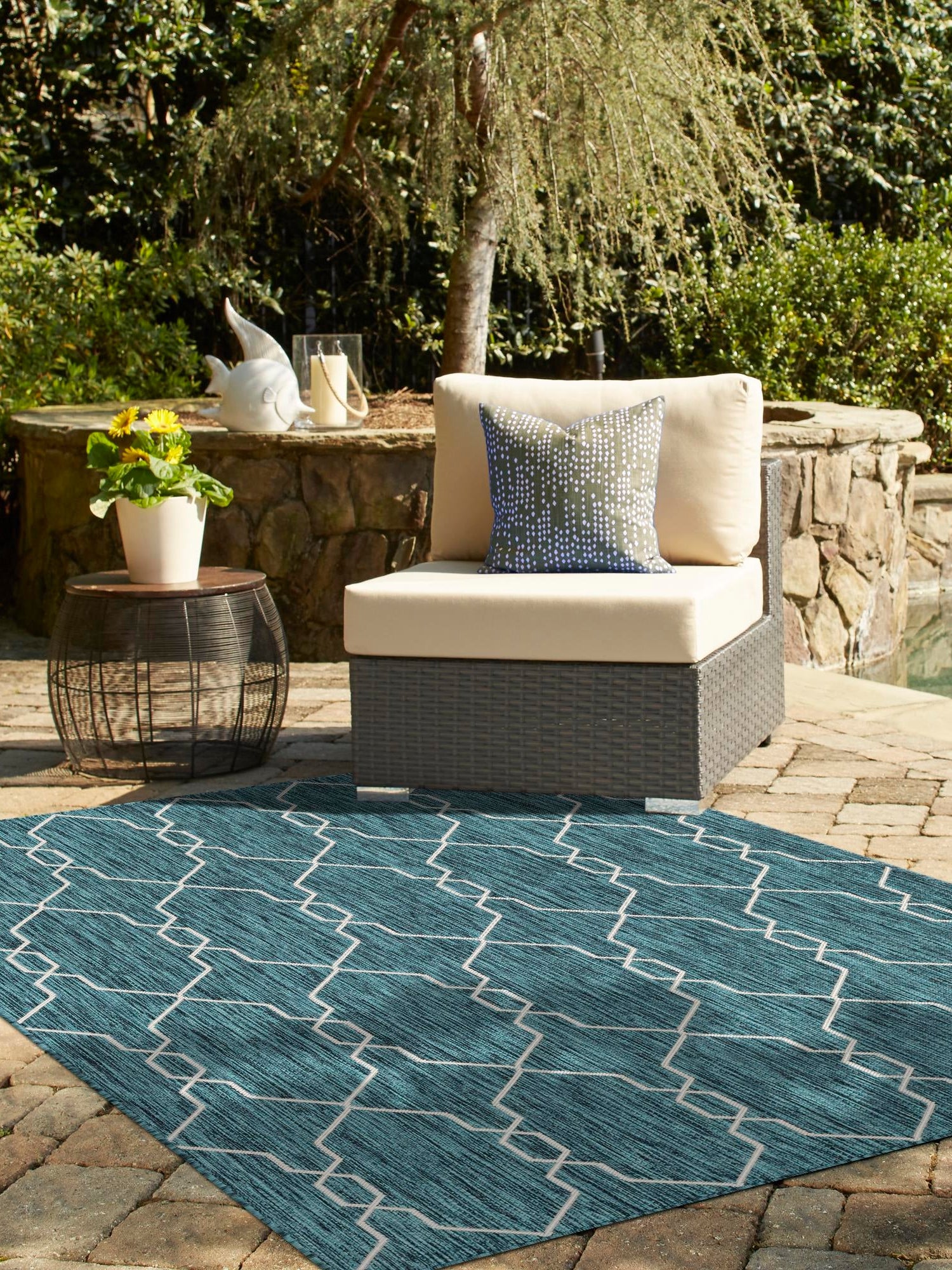 Teal 6' 1 x 9' Outdoor Trellis Rectangle Area Rug Weather Resistant for Patio, Deck, Terrace, Balcony, Porch Geometric Design Water Safe Outside Carpet for Sale at Rug Engine