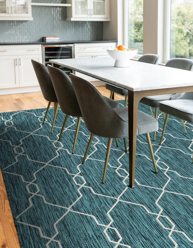 Teal 5' 3 x 8' Outdoor Trellis Rectangle Area Rug Weather Resistant for Patio, Deck, Terrace, Balcony, Porch Geometric Design Water Safe Outside Carpet for Sale at Rug Engine
