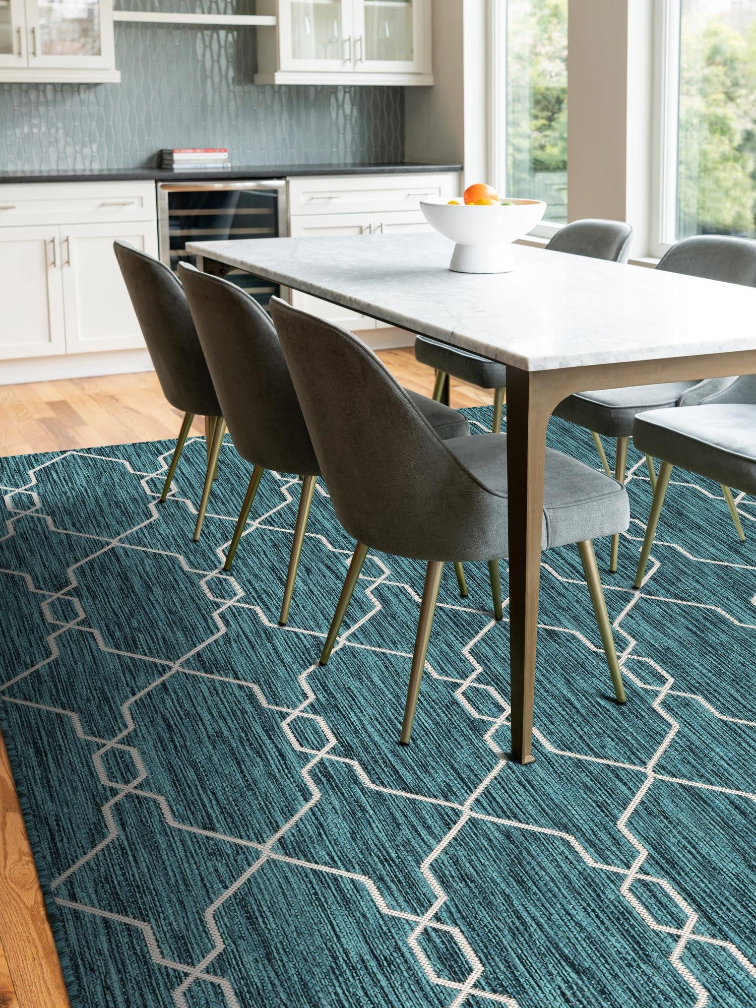Teal 4' 1 x 6' 1 Outdoor Trellis Rectangle Area Rug Weather Resistant for Patio, Deck, Terrace, Balcony, Porch Geometric Design Water Safe Outside Carpet for Sale at Rug Engine