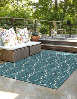 Teal 9' x 12' Outdoor Trellis Rectangle Area Rug Weather Resistant for Patio, Deck, Terrace, Balcony, Porch Geometric Design Water Safe Outside Carpet for Sale at Rug Engine