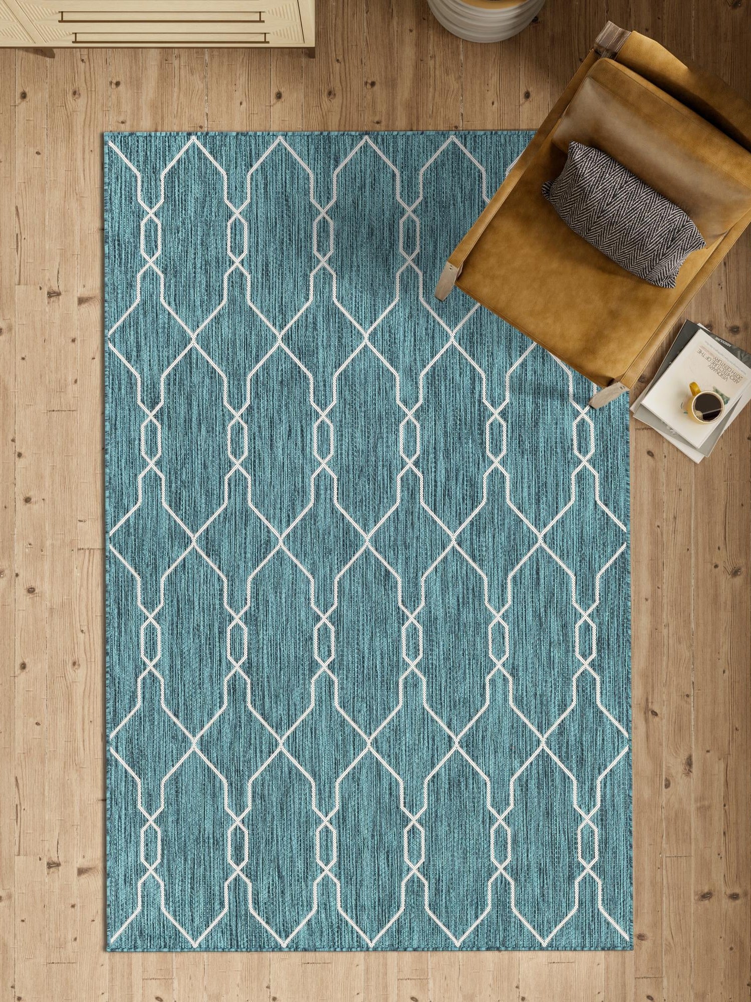 Teal 7' 10 x 11' Outdoor Trellis Rectangle Area Rug Weather Resistant for Patio, Deck, Terrace, Balcony, Porch Geometric Design Water Safe Outside Carpet for Sale at Rug Engine