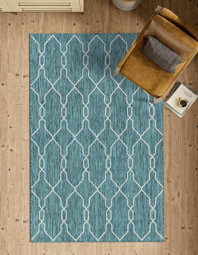 Teal 4' 1 x 6' 1 Outdoor Trellis Rectangle Area Rug Weather Resistant for Patio, Deck, Terrace, Balcony, Porch Geometric Design Water Safe Outside Carpet for Sale at Rug Engine