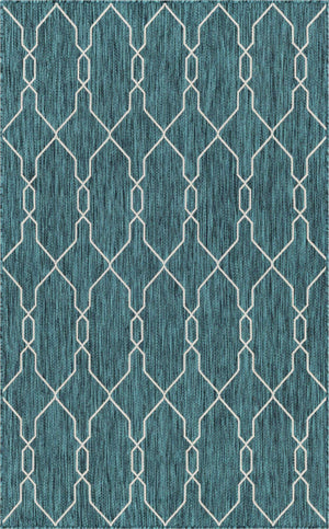 Teal 5' 3 x 8' Outdoor Trellis Rectangle Area Rug Weather Resistant for Patio, Deck, Terrace, Balcony, Porch Geometric Design Water Safe Outside Carpet for Sale at Rug Engine