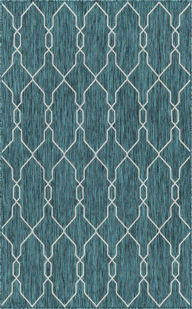 Teal 5' 3 x 8' Outdoor Trellis Rectangle Area Rug Weather Resistant for Patio, Deck, Terrace, Balcony, Porch Geometric Design Water Safe Outside Carpet for Sale at Rug Engine