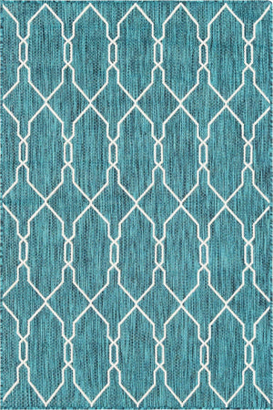 Teal 4' 1 x 6' 1 Outdoor Trellis Rectangle Area Rug Weather Resistant for Patio, Deck, Terrace, Balcony, Porch Geometric Design Water Safe Outside Carpet for Sale at Rug Engine