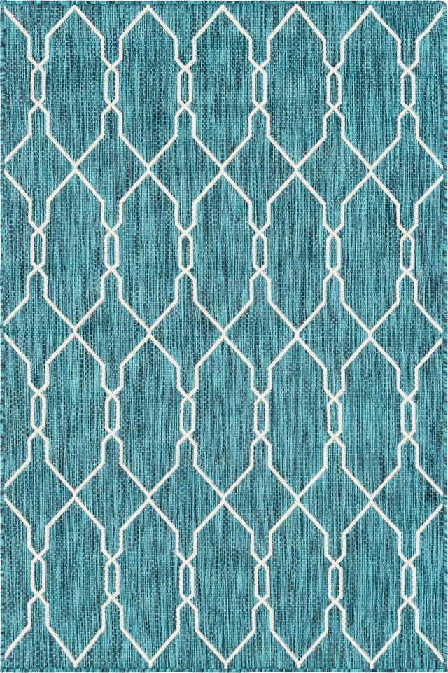 Teal 4' 1 x 6' 1 Outdoor Trellis Rectangle Area Rug Weather Resistant for Patio, Deck, Terrace, Balcony, Porch Geometric Design Water Safe Outside Carpet for Sale at Rug Engine