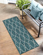 Teal 2' x 6' 1 Outdoor Trellis Runner Area Rug Weather Resistant for Patio, Deck, Terrace, Balcony, Porch Geometric Design Water Safe Outside Carpet for Sale at Rug Engine