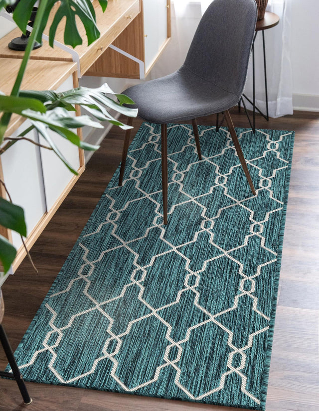 Teal 2' x 6' 1 Outdoor Trellis Runner Area Rug Weather Resistant for Patio, Deck, Terrace, Balcony, Porch Geometric Design Water Safe Outside Carpet for Sale at Rug Engine