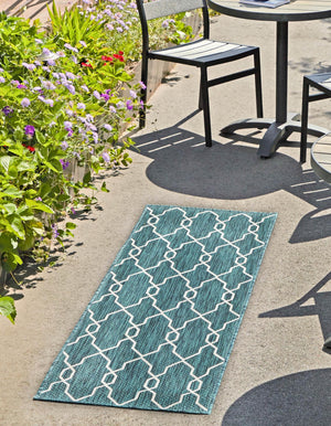 Teal 2' x 6' 1 Outdoor Trellis Runner Area Rug Weather Resistant for Patio, Deck, Terrace, Balcony, Porch Geometric Design Water Safe Outside Carpet for Sale at Rug Engine