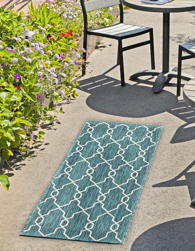 Teal 2' x 6' 1 Outdoor Trellis Runner Area Rug Weather Resistant for Patio, Deck, Terrace, Balcony, Porch Geometric Design Water Safe Outside Carpet for Sale at Rug Engine