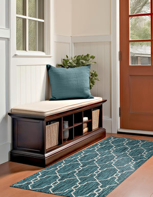 Teal 2' x 6' 1 Outdoor Trellis Runner Area Rug Weather Resistant for Patio, Deck, Terrace, Balcony, Porch Geometric Design Water Safe Outside Carpet for Sale at Rug Engine