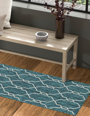 Teal 2' x 6' 1 Outdoor Trellis Runner Area Rug Weather Resistant for Patio, Deck, Terrace, Balcony, Porch Geometric Design Water Safe Outside Carpet for Sale at Rug Engine