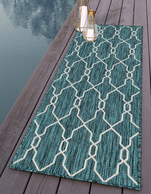 Teal 2' x 6' 1 Outdoor Trellis Runner Area Rug Weather Resistant for Patio, Deck, Terrace, Balcony, Porch Geometric Design Water Safe Outside Carpet for Sale at Rug Engine