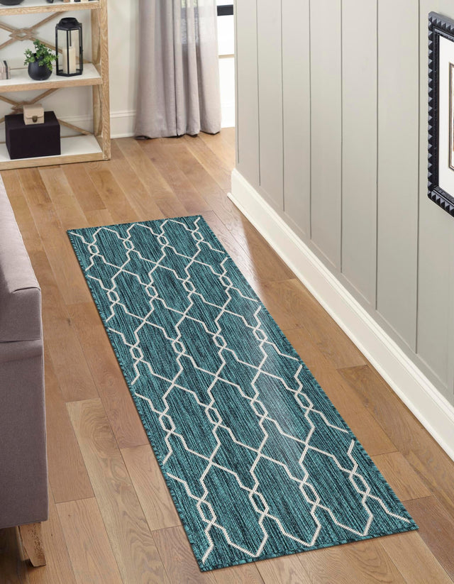 Teal 2' x 6' 1 Outdoor Trellis Runner Area Rug Weather Resistant for Patio, Deck, Terrace, Balcony, Porch Geometric Design Water Safe Outside Carpet for Sale at Rug Engine