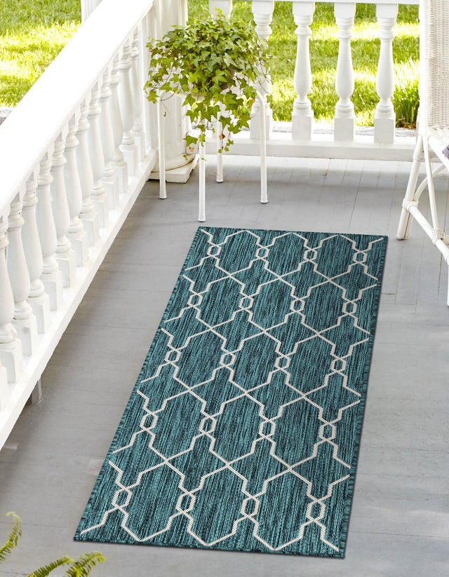 Teal 2' x 6' 1 Outdoor Trellis Runner Area Rug Weather Resistant for Patio, Deck, Terrace, Balcony, Porch Geometric Design Water Safe Outside Carpet for Sale at Rug Engine