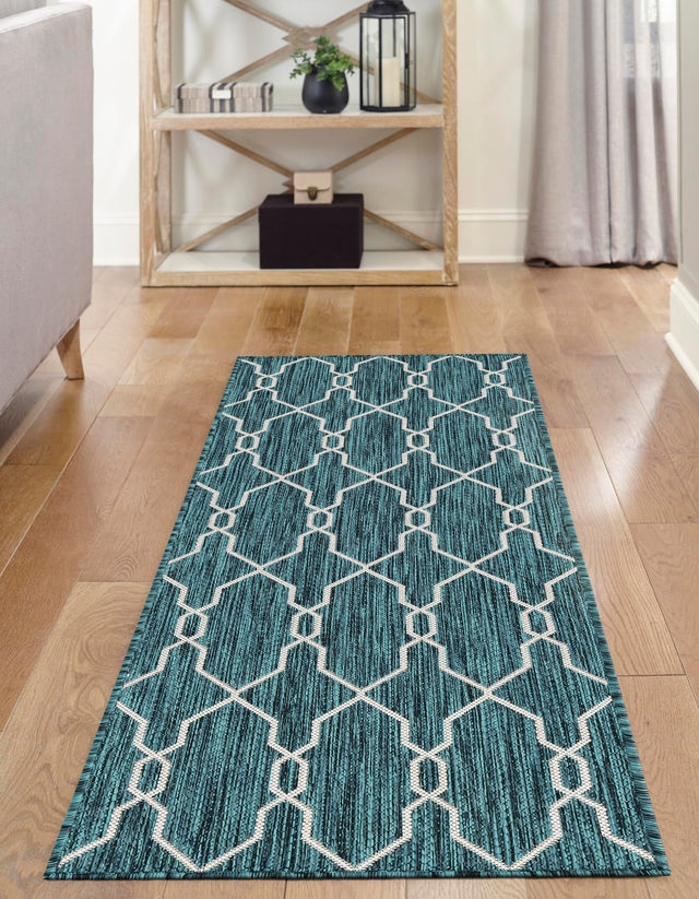 Teal 2' x 6' 1 Outdoor Trellis Runner Area Rug Weather Resistant for Patio, Deck, Terrace, Balcony, Porch Geometric Design Water Safe Outside Carpet for Sale at Rug Engine