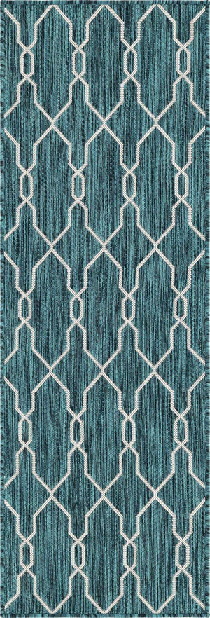 Teal 2' x 6' 1 Outdoor Trellis Runner Area Rug Weather Resistant for Patio, Deck, Terrace, Balcony, Porch Geometric Design Water Safe Outside Carpet for Sale at Rug Engine