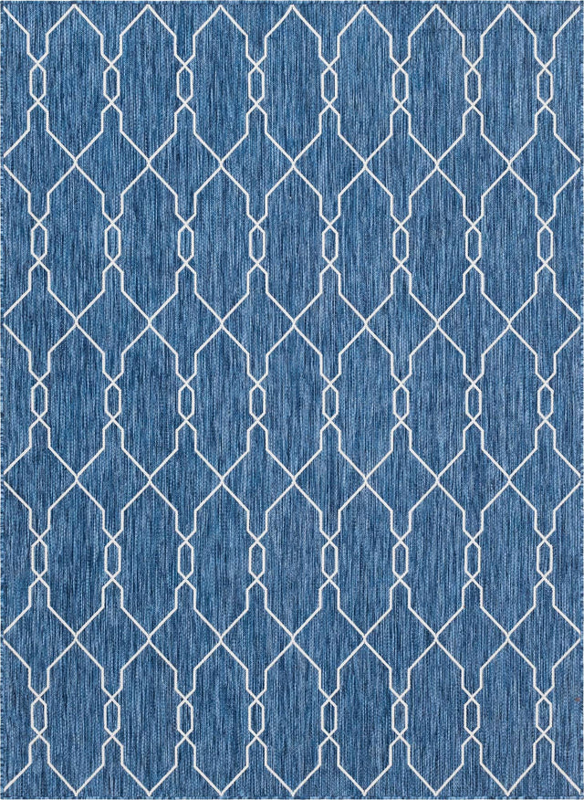 Blue 7' 1 x 10' Outdoor Trellis Rectangle Area Rug Weather Resistant for Patio, Deck, Terrace, Balcony, Porch Geometric Design Water Safe Outside Carpet for Sale at Rug Engine