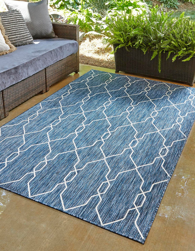 Blue 5' 3 x 8' Outdoor Trellis Rectangle Area Rug Weather Resistant for Patio, Deck, Terrace, Balcony, Porch Geometric Design Water Safe Outside Carpet for Sale at Rug Engine