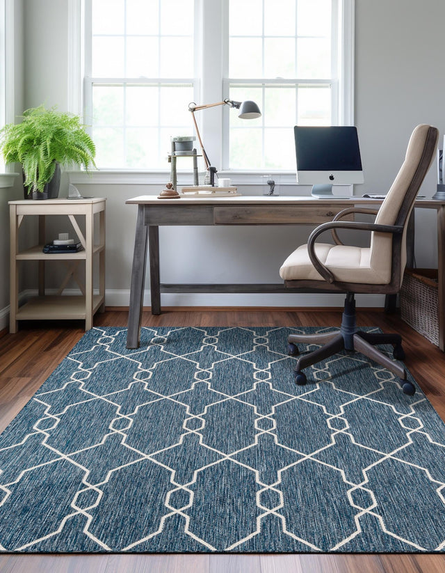 Blue 7' 1 x 10' Outdoor Trellis Rectangle Area Rug Weather Resistant for Patio, Deck, Terrace, Balcony, Porch Geometric Design Water Safe Outside Carpet for Sale at Rug Engine