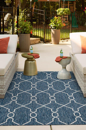 Blue 9' x 12' Outdoor Trellis Rectangle Area Rug Weather Resistant for Patio, Deck, Terrace, Balcony, Porch Geometric Design Water Safe Outside Carpet for Sale at Rug Engine