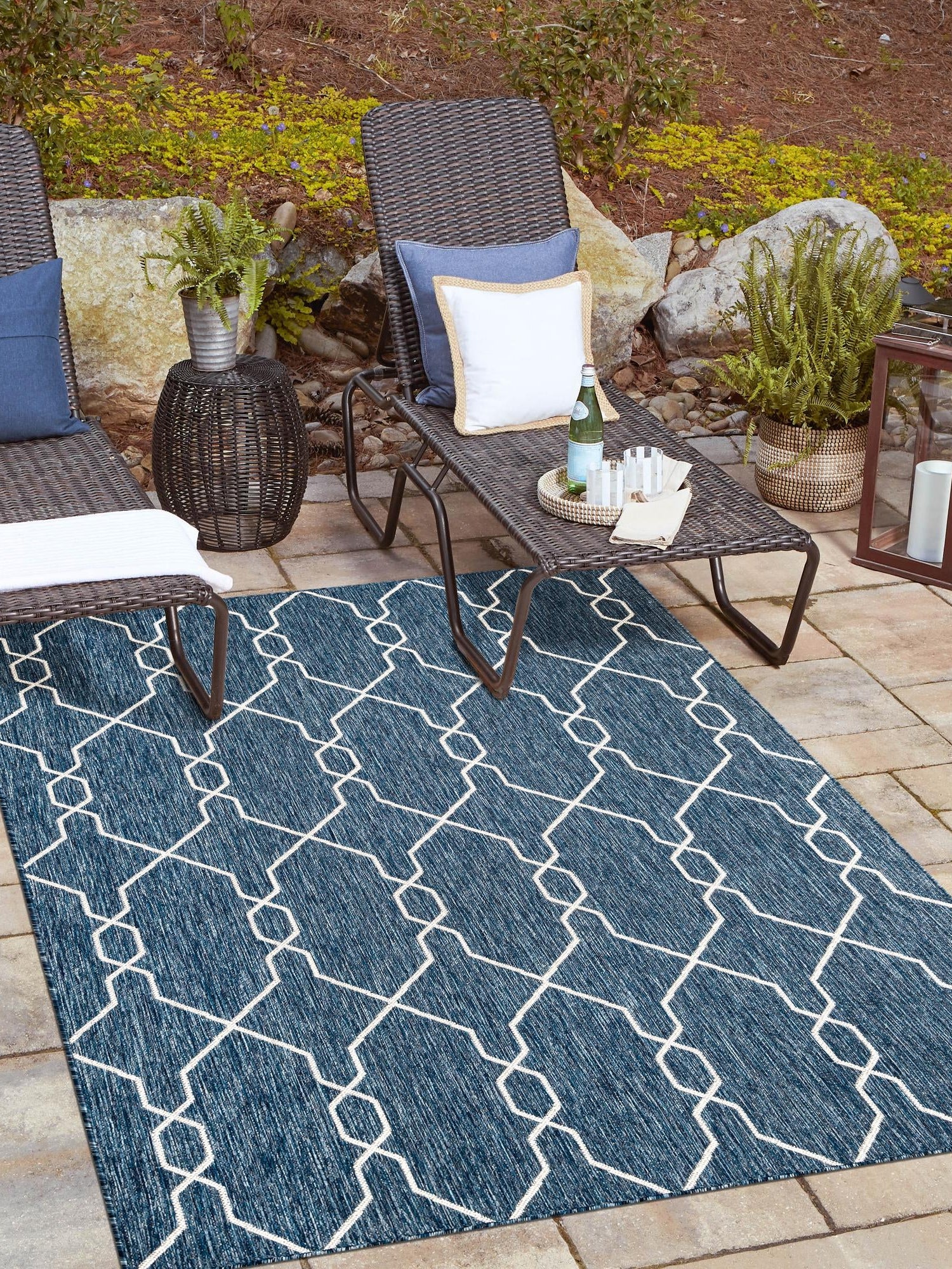 Blue 7' 1 x 10' Outdoor Trellis Rectangle Area Rug Weather Resistant for Patio, Deck, Terrace, Balcony, Porch Geometric Design Water Safe Outside Carpet for Sale at Rug Engine