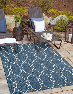 Blue 7' 10 x 11' Outdoor Trellis Rectangle Area Rug Weather Resistant for Patio, Deck, Terrace, Balcony, Porch Geometric Design Water Safe Outside Carpet for Sale at Rug Engine