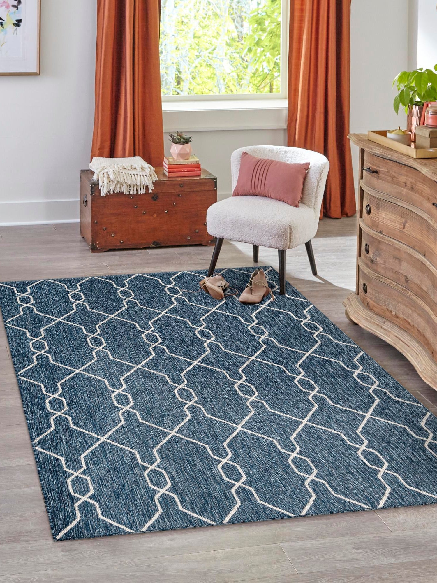 Blue 7' 10 x 11' Outdoor Trellis Rectangle Area Rug Weather Resistant for Patio, Deck, Terrace, Balcony, Porch Geometric Design Water Safe Outside Carpet for Sale at Rug Engine