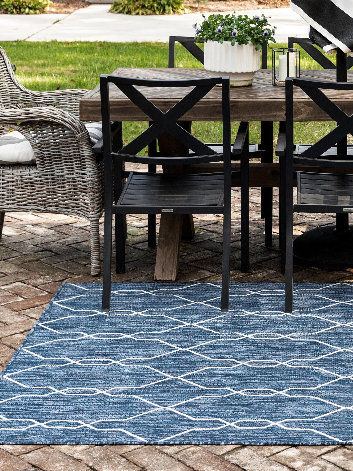 Blue 7' 10 x 11' Outdoor Trellis Rectangle Area Rug Weather Resistant for Patio, Deck, Terrace, Balcony, Porch Geometric Design Water Safe Outside Carpet for Sale at Rug Engine