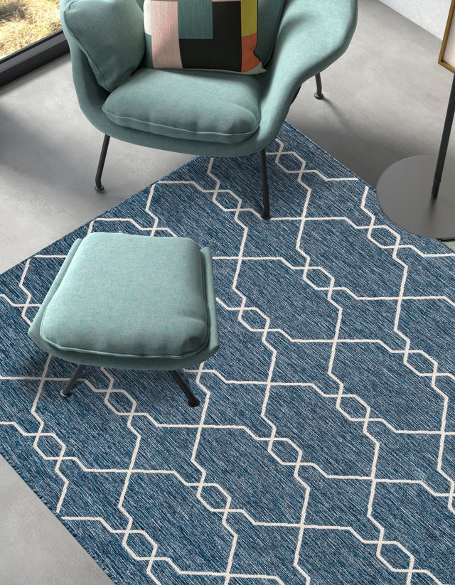 Blue 7' 10 x 11' Outdoor Trellis Rectangle Area Rug Weather Resistant for Patio, Deck, Terrace, Balcony, Porch Geometric Design Water Safe Outside Carpet for Sale at Rug Engine