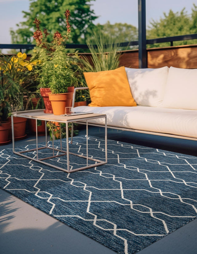 Blue 9' x 12' Outdoor Trellis Rectangle Area Rug Weather Resistant for Patio, Deck, Terrace, Balcony, Porch Geometric Design Water Safe Outside Carpet for Sale at Rug Engine