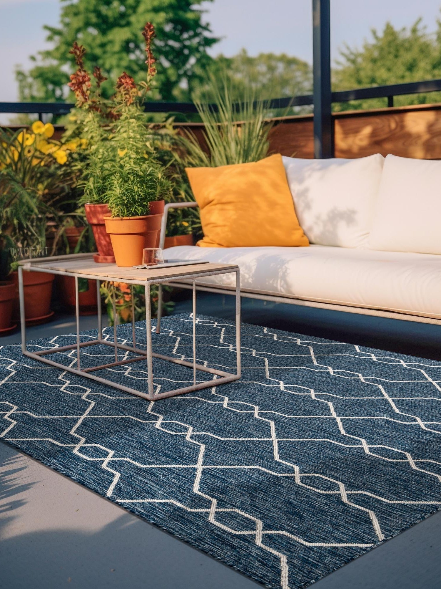 Blue 7' 10 x 11' Outdoor Trellis Rectangle Area Rug Weather Resistant for Patio, Deck, Terrace, Balcony, Porch Geometric Design Water Safe Outside Carpet for Sale at Rug Engine