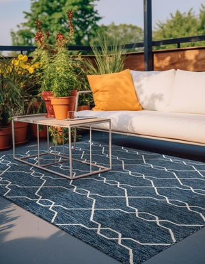 Blue 7' 10 x 11' Outdoor Trellis Rectangle Area Rug Weather Resistant for Patio, Deck, Terrace, Balcony, Porch Geometric Design Water Safe Outside Carpet for Sale at Rug Engine