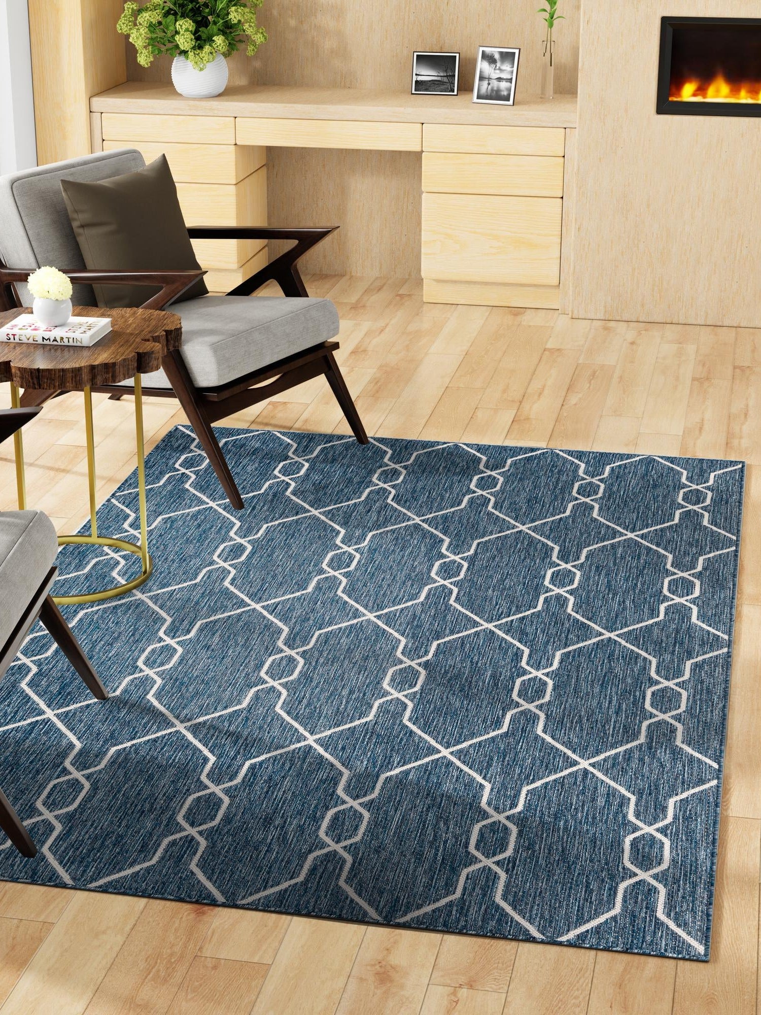 Blue 6' 1 x 9' Outdoor Trellis Rectangle Area Rug Weather Resistant for Patio, Deck, Terrace, Balcony, Porch Geometric Design Water Safe Outside Carpet for Sale at Rug Engine