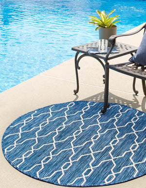 Blue 4' 1 x 4' 1 Outdoor Trellis Round Area Rug Weather Resistant for Patio, Deck, Terrace, Balcony, Porch Geometric Design Water Safe Outside Carpet for Sale at Rug Engine