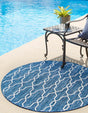 Blue 4' 1 x 4' 1 Outdoor Trellis Round Area Rug Weather Resistant for Patio, Deck, Terrace, Balcony, Porch Geometric Design Water Safe Outside Carpet for Sale at Rug Engine
