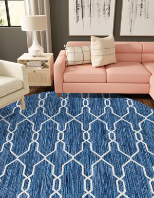 Blue 4' 1 x 4' 1 Outdoor Trellis Round Area Rug Weather Resistant for Patio, Deck, Terrace, Balcony, Porch Geometric Design Water Safe Outside Carpet for Sale at Rug Engine