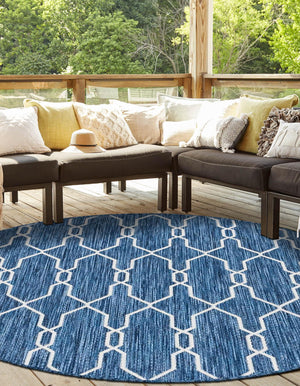 Blue 4' 1 x 4' 1 Outdoor Trellis Round Area Rug Weather Resistant for Patio, Deck, Terrace, Balcony, Porch Geometric Design Water Safe Outside Carpet for Sale at Rug Engine