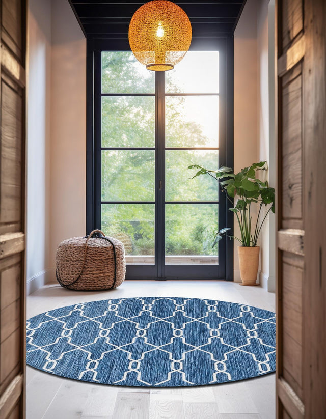 Blue 4' 1 x 4' 1 Outdoor Trellis Round Area Rug Weather Resistant for Patio, Deck, Terrace, Balcony, Porch Geometric Design Water Safe Outside Carpet for Sale at Rug Engine