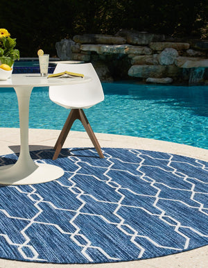 Blue 4' 1 x 4' 1 Outdoor Trellis Round Area Rug Weather Resistant for Patio, Deck, Terrace, Balcony, Porch Geometric Design Water Safe Outside Carpet for Sale at Rug Engine