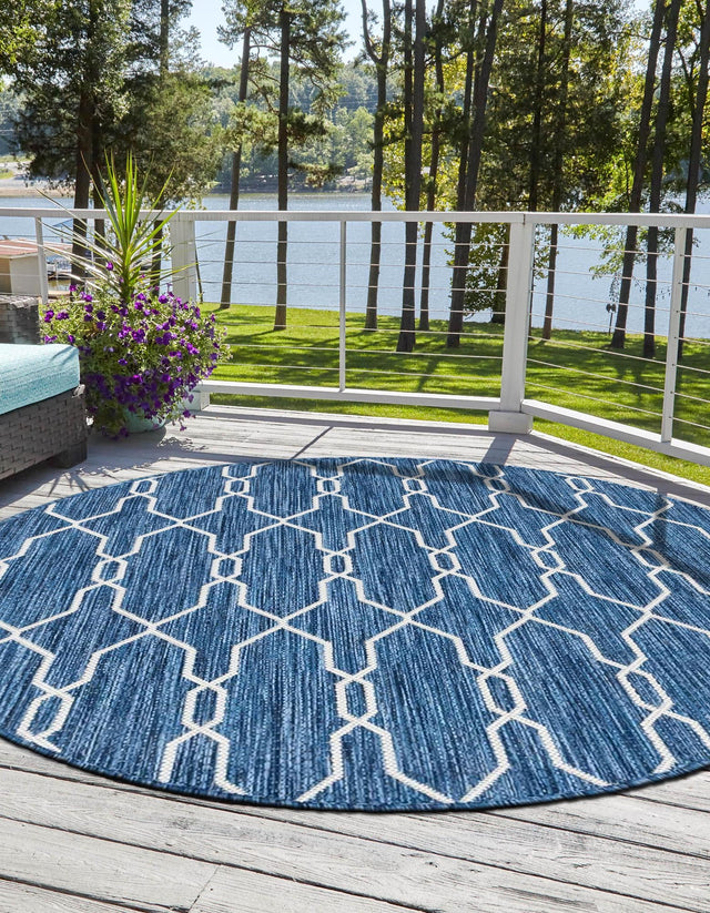 Blue 4' 1 x 4' 1 Outdoor Trellis Round Area Rug Weather Resistant for Patio, Deck, Terrace, Balcony, Porch Geometric Design Water Safe Outside Carpet for Sale at Rug Engine