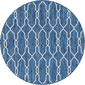 Blue 4' 1 x 4' 1 Outdoor Trellis Round Area Rug Weather Resistant for Patio, Deck, Terrace, Balcony, Porch Geometric Design Water Safe Outside Carpet for Sale at Rug Engine