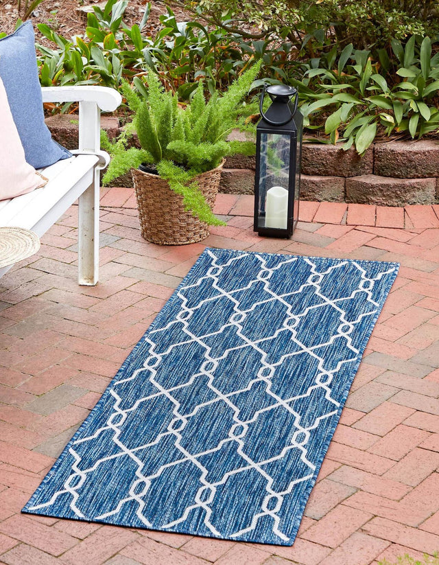 Blue 2' x 6' 1 Outdoor Trellis Runner Area Rug Weather Resistant for Patio, Deck, Terrace, Balcony, Porch Geometric Design Water Safe Outside Carpet for Sale at Rug Engine