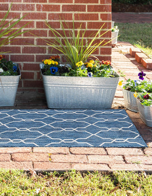 Blue 2' x 6' 1 Outdoor Trellis Runner Area Rug Weather Resistant for Patio, Deck, Terrace, Balcony, Porch Geometric Design Water Safe Outside Carpet for Sale at Rug Engine