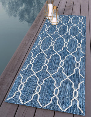 Blue 2' x 6' 1 Outdoor Trellis Runner Area Rug Weather Resistant for Patio, Deck, Terrace, Balcony, Porch Geometric Design Water Safe Outside Carpet for Sale at Rug Engine