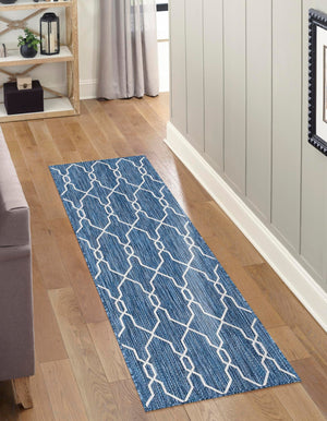 Blue 2' x 6' 1 Outdoor Trellis Runner Area Rug Weather Resistant for Patio, Deck, Terrace, Balcony, Porch Geometric Design Water Safe Outside Carpet for Sale at Rug Engine