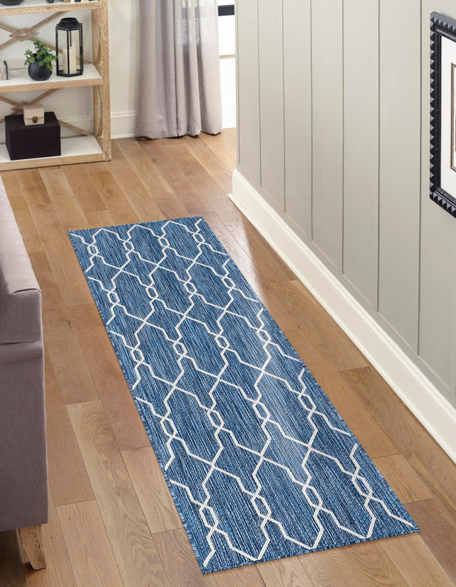 Blue 2' x 6' 1 Outdoor Trellis Runner Area Rug Weather Resistant for Patio, Deck, Terrace, Balcony, Porch Geometric Design Water Safe Outside Carpet for Sale at Rug Engine